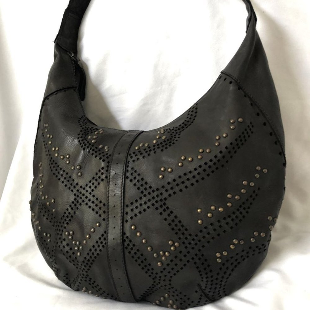 Kompanero Evie Black Leather Studded Hobo Bag